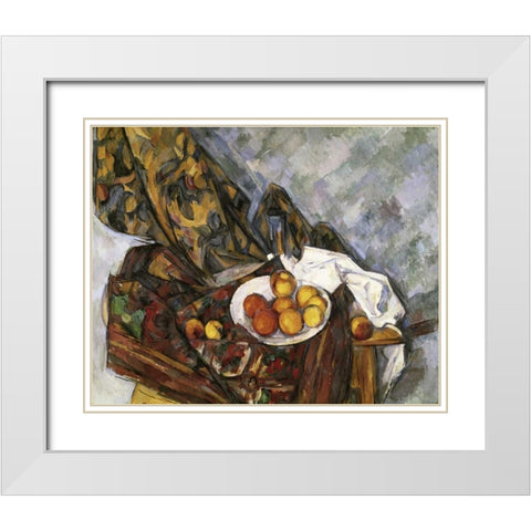 Still Life with Floral Curtain White Modern Wood Framed Art Print with Double Matting by Cezanne, Paul