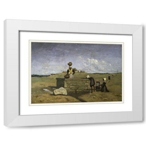 Bretons at the Well White Modern Wood Framed Art Print with Double Matting by Corot, Jean-Baptiste-Camille