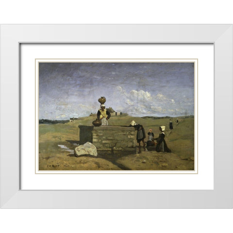 Bretons at the Well White Modern Wood Framed Art Print with Double Matting by Corot, Jean-Baptiste-Camille