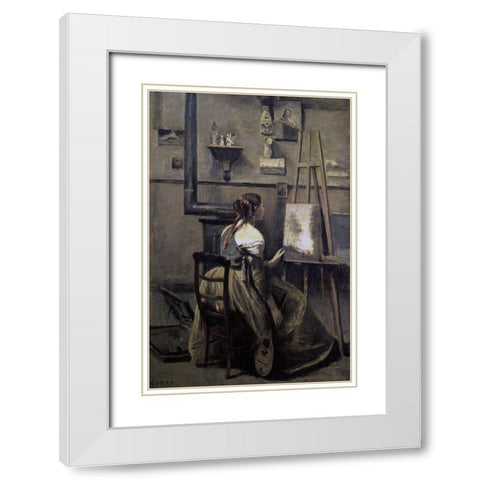 Corots Studio White Modern Wood Framed Art Print with Double Matting by Corot, Jean-Baptiste-Camille