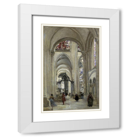 Interior of the Sens Cathedral White Modern Wood Framed Art Print with Double Matting by Corot, Jean-Baptiste-Camille
