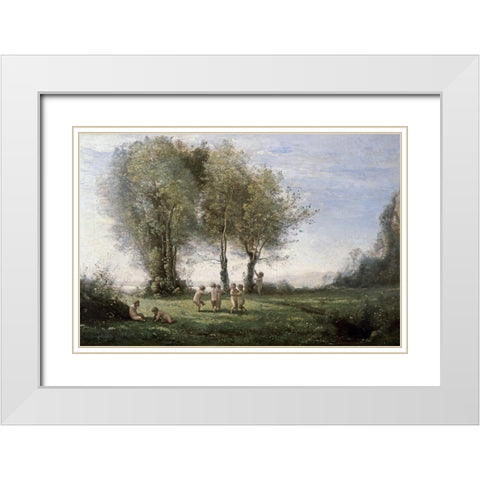 Ronde dAmours: Leher du Soleil White Modern Wood Framed Art Print with Double Matting by Corot, Jean-Baptiste-Camille