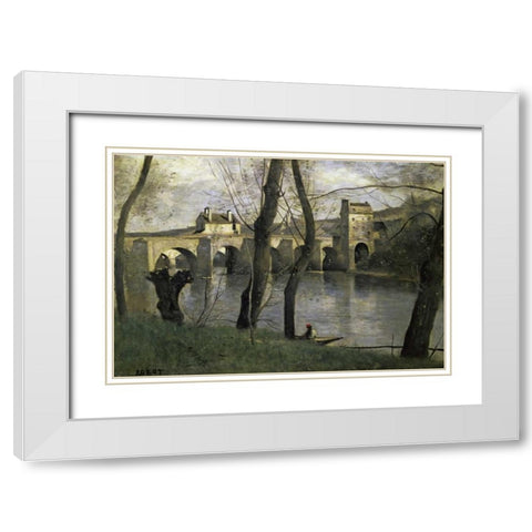 The Bridge of Nantes White Modern Wood Framed Art Print with Double Matting by Corot, Jean-Baptiste-Camille