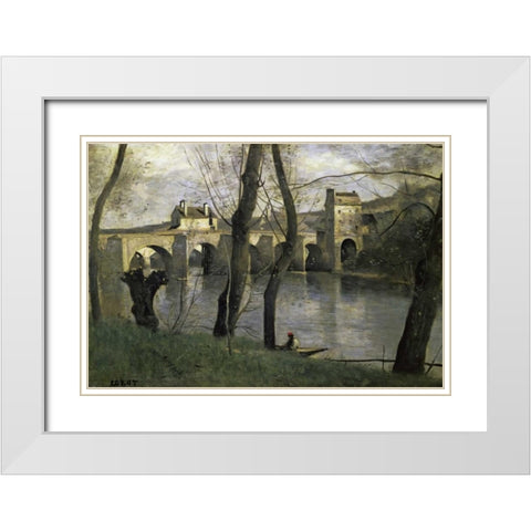 The Bridge of Nantes White Modern Wood Framed Art Print with Double Matting by Corot, Jean-Baptiste-Camille