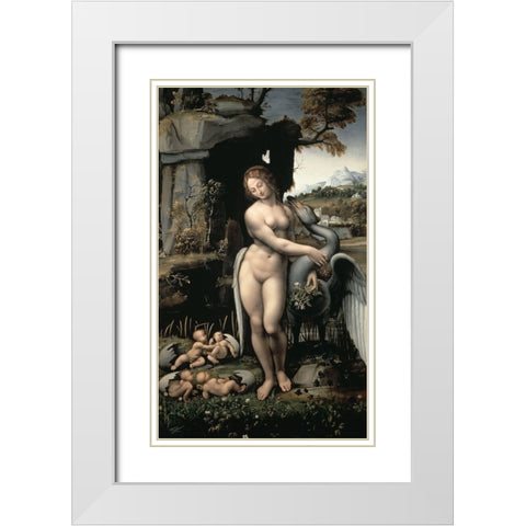 Leda and the Swan White Modern Wood Framed Art Print with Double Matting by Da Vinci, Leonardo