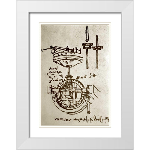 Mechanical Drawings No. 3 White Modern Wood Framed Art Print with Double Matting by Da Vinci, Leonardo