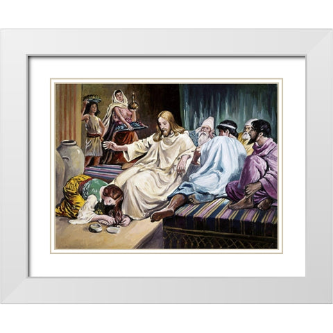 Magdalene Washing Christs Feet White Modern Wood Framed Art Print with Double Matting by Dicksee, Sir Francis