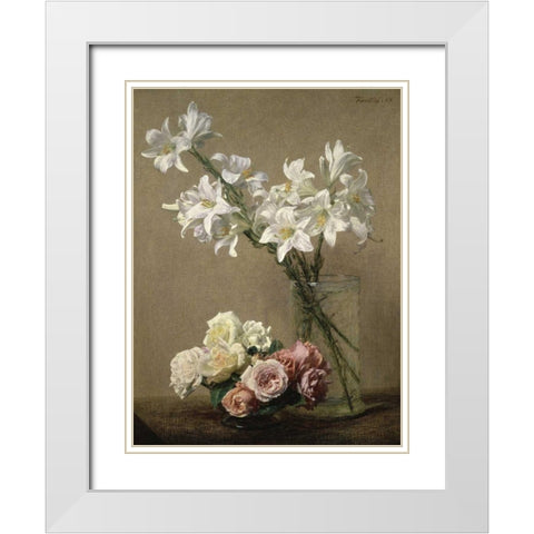 Lilies in a Vase White Modern Wood Framed Art Print with Double Matting by Fantin-Latour, Henri