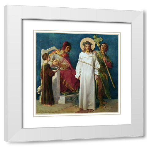 Jesus Holy Christ Condemned to Die - 1st Station of The Cross White Modern Wood Framed Art Print with Double Matting by Feuerstein, Martin
