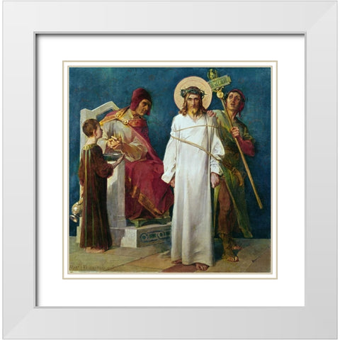 Jesus Holy Christ Condemned to Die - 1st Station of The Cross White Modern Wood Framed Art Print with Double Matting by Feuerstein, Martin
