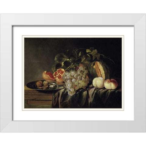 Still Life of a Melon on a Pewter Plate and Peaches White Modern Wood Framed Art Print with Double Matting by Gerardi, Jasper