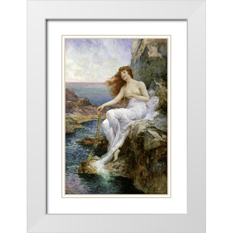 Sea Nymph Seated on a Rock with a Ribbon Seaweed White Modern Wood Framed Art Print with Double Matting by Glendening, Alfred Augustus