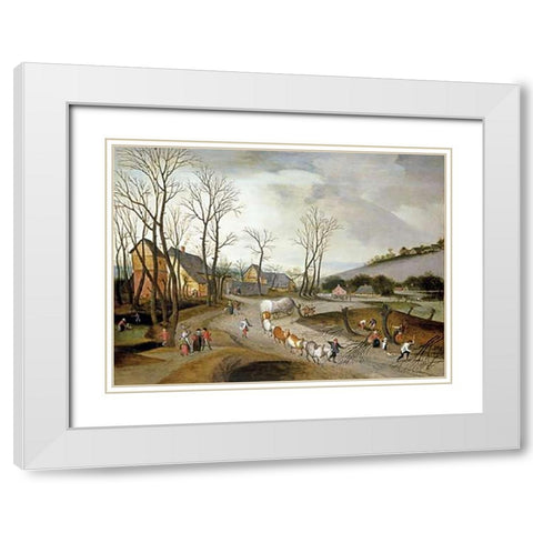 Winter Landscape with Wagon and Peasants at Work White Modern Wood Framed Art Print with Double Matting by Grimmer, Abel