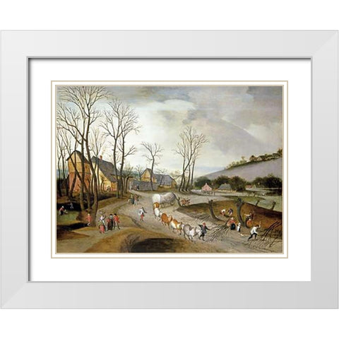 Winter Landscape with Wagon and Peasants at Work White Modern Wood Framed Art Print with Double Matting by Grimmer, Abel