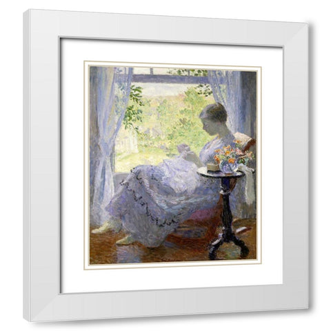 Young Woman Sewing White Modern Wood Framed Art Print with Double Matting by Melchers, Gari