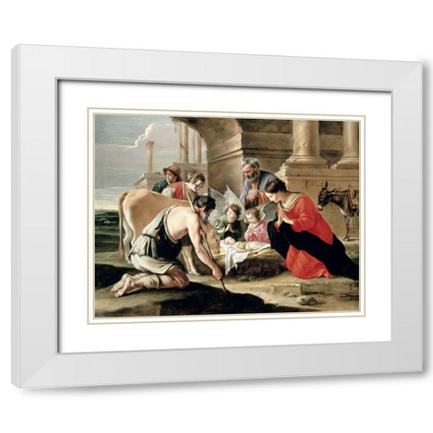 Adoration of the Shepherds White Modern Wood Framed Art Print with Double Matting by Nain, Louis Le