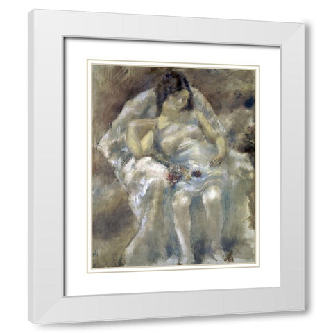 Young Girl Seated With Flowers White Modern Wood Framed Art Print with Double Matting by Pascin, Jules