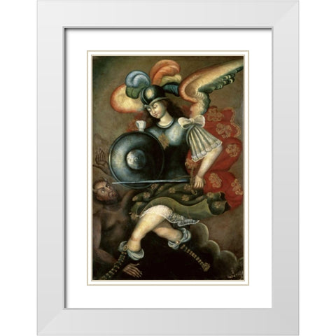 The Archangel Saint Michael White Modern Wood Framed Art Print with Double Matting by Peruvian School