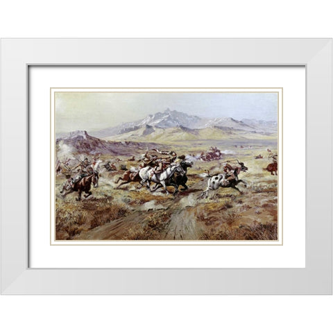 Stagecoach Attack White Modern Wood Framed Art Print with Double Matting by Russell, Charles M.