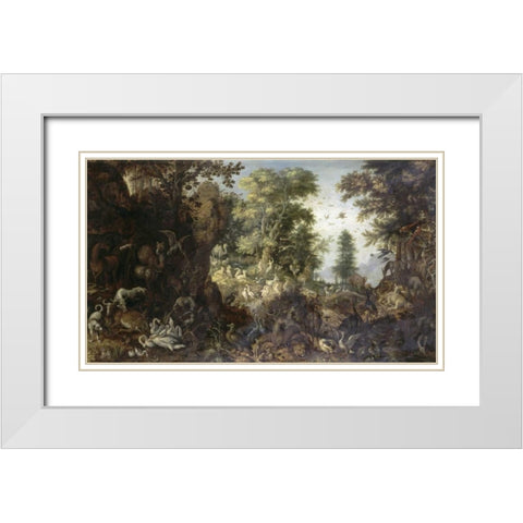 The Garden of Eden with Eve Tempting Adam White Modern Wood Framed Art Print with Double Matting by Savery, Roelandt