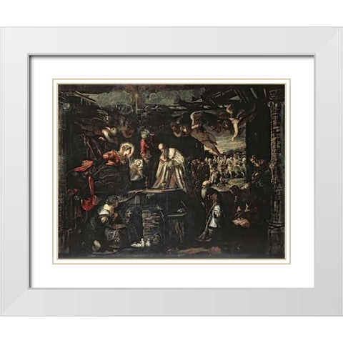 Adoration of the Magi White Modern Wood Framed Art Print with Double Matting by Tintoretto, Jacopo