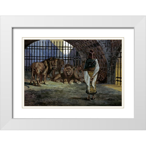 Daniel in the Lions Den White Modern Wood Framed Art Print with Double Matting by Tissot, James Jacques