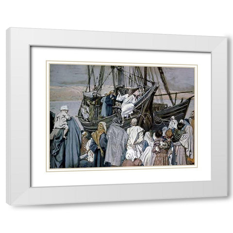 Jesus Preaching on a Boat White Modern Wood Framed Art Print with Double Matting by Tissot, James