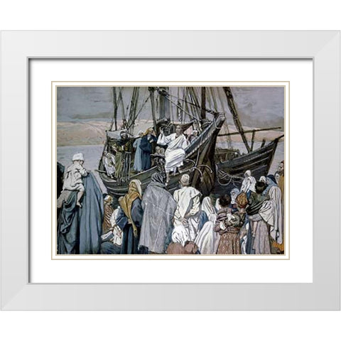Jesus Preaching on a Boat White Modern Wood Framed Art Print with Double Matting by Tissot, James