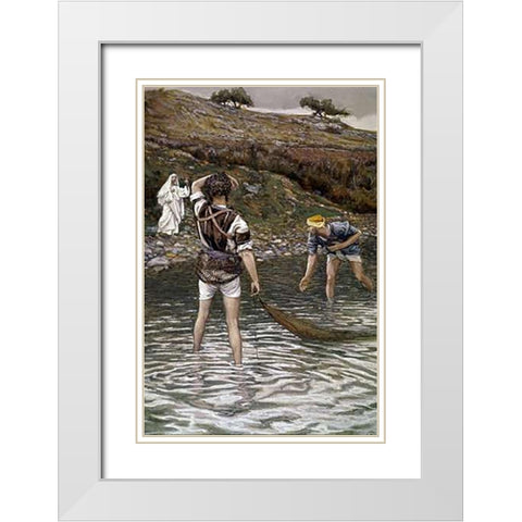 The Calling of Peter and Andrew White Modern Wood Framed Art Print with Double Matting by Tissot, James