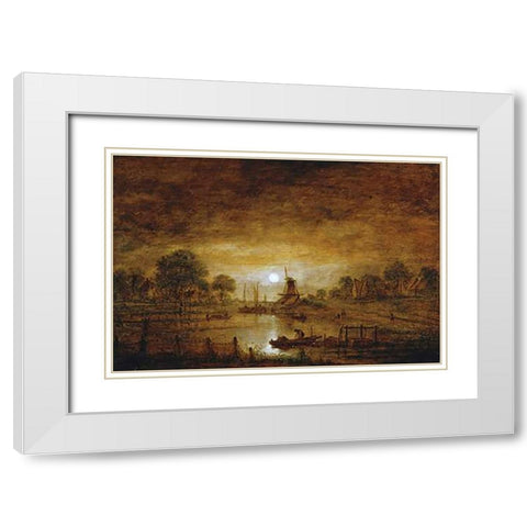 Title Unknown (Boats at Sunset with Windmill) White Modern Wood Framed Art Print with Double Matting by Van Der Neer, Aert