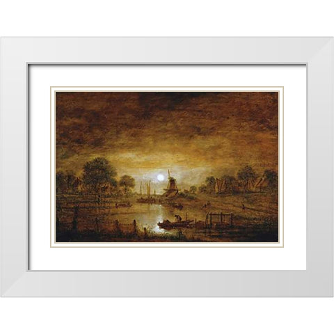 Title Unknown (Boats at Sunset with Windmill) White Modern Wood Framed Art Print with Double Matting by Van Der Neer, Aert