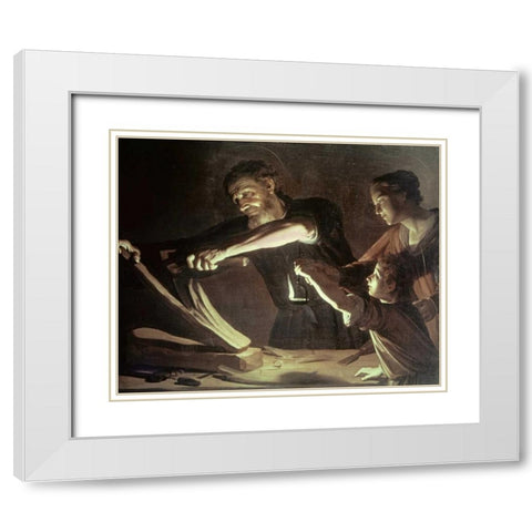 Holy Family in the Carpentry Shop White Modern Wood Framed Art Print with Double Matting by Van Honthorst, Gerrit