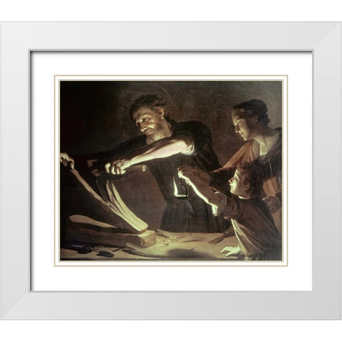 Holy Family in the Carpentry Shop White Modern Wood Framed Art Print with Double Matting by Van Honthorst, Gerrit