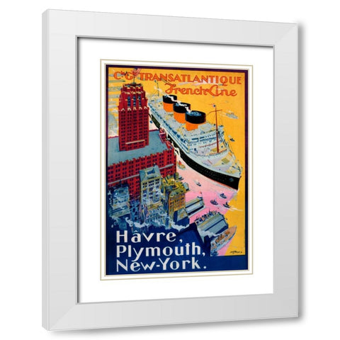 Transatlantique-French Line / Paris-Havre-New York White Modern Wood Framed Art Print with Double Matting by Sebille, Albert