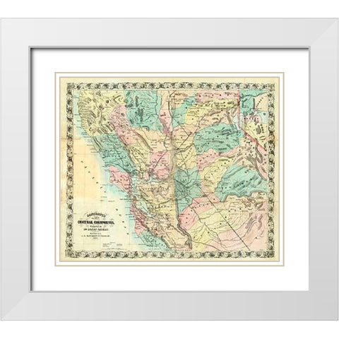 New Map of Central California, 1871 White Modern Wood Framed Art Print with Double Matting by Bancroft, A.L.