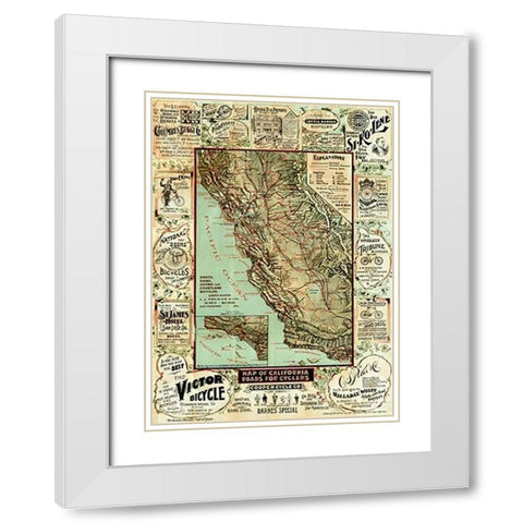 Map of California Roads for Cyclers, 1896 White Modern Wood Framed Art Print with Double Matting by Blum, George W.