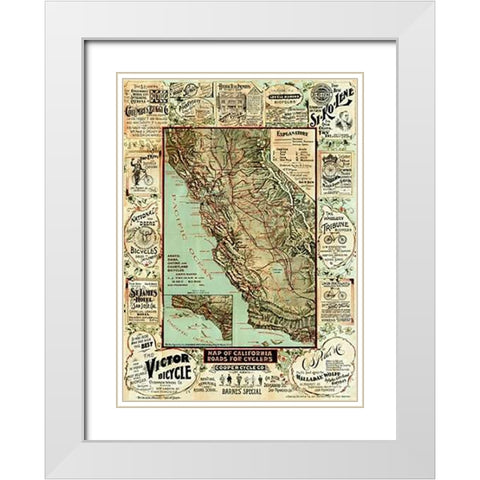 Map of California Roads for Cyclers, 1896 White Modern Wood Framed Art Print with Double Matting by Blum, George W.
