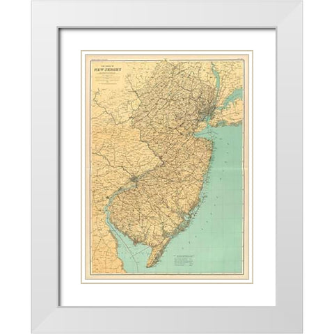 New Jersey State Map, 1888 White Modern Wood Framed Art Print with Double Matting by Geological Survey of New Jersey
