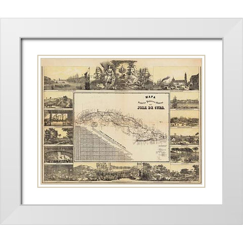 Mapa Historico Pintoresca Moderno de al Isla De Cuba, 1853 White Modern Wood Framed Art Print with Double Matting by May, B. y Ca.