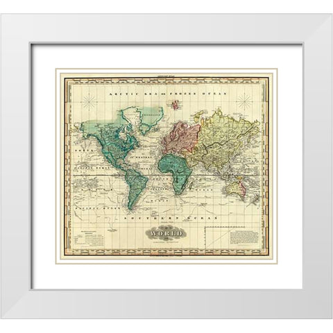 World on Mercators Projection, 1823 White Modern Wood Framed Art Print with Double Matting by Tanner, Henry