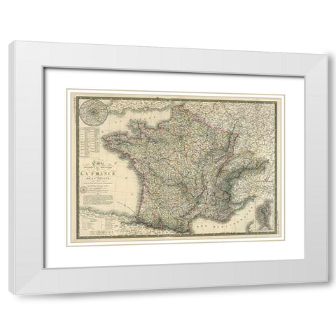 Carte physique et routiere de la France, de la Suisse, 1827 White Modern Wood Framed Art Print with Double Matting by Brue, Adrien Hubert