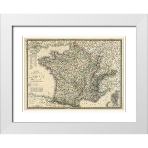 Carte physique et routiere de la France, de la Suisse, 1827 White Modern Wood Framed Art Print with Double Matting by Brue, Adrien Hubert