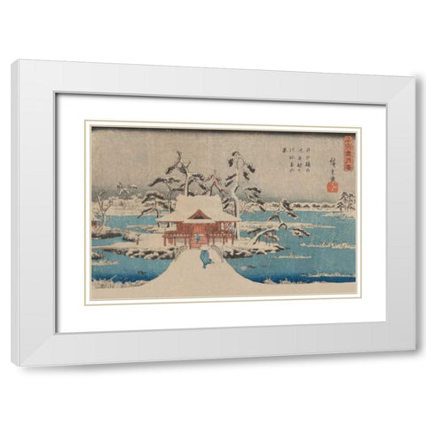 Snow scene of Benzaiten Shrine in Inokashira pond (Inokashira no ike benzaiten no yashiro), 1838 White Modern Wood Framed Art Print with Double Matting by Hiroshige, Ando