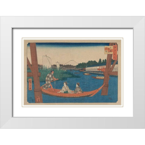 Island bridge in Mitsumata (Ohashi nakazu mitsumata), 1854 White Modern Wood Framed Art Print with Double Matting by Hiroshige, Ando