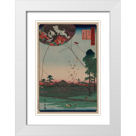 Distant view of Akiba of Enshu: kites of Fukuroi (Enshu akiba enkei fukuroi no tako), 1859 White Modern Wood Framed Art Print with Double Matting by Hiroshige, Utagawa