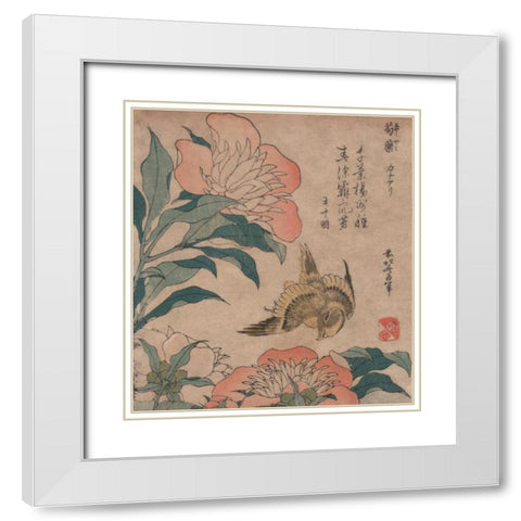 Peony and Canary, 1833 White Modern Wood Framed Art Print with Double Matting by Hokusai