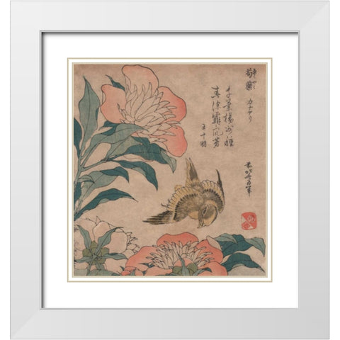 Peony and Canary, 1833 White Modern Wood Framed Art Print with Double Matting by Hokusai