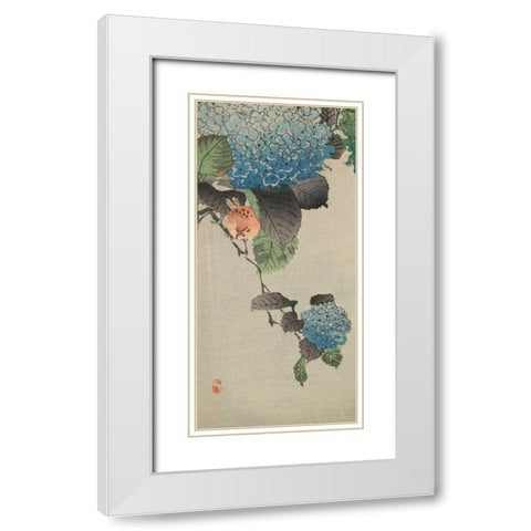 Small bird and hydrangea White Modern Wood Framed Art Print with Double Matting by Unknown