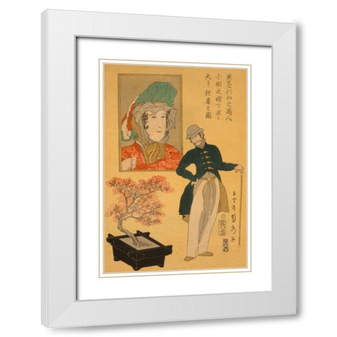 American merchant delighted with miniature cherry tree (Amerika no shonin shoju no sakura o motomete White Modern Wood Framed Art Print with Double Matting by Utagawa, Sadahide