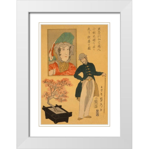 American merchant delighted with miniature cherry tree (Amerika no shonin shoju no sakura o motomete White Modern Wood Framed Art Print with Double Matting by Utagawa, Sadahide